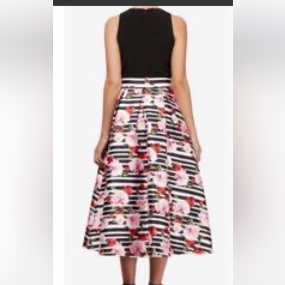 SLNY FIT AND FLARE MIDI SLEEVELESS JEWEL NECK DRESS BLACK PINK FLORAL STRIPES 16 - Picture 3 of 14